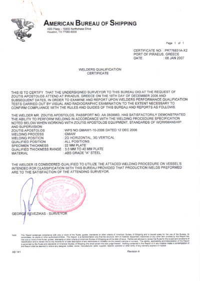 ABS Welding Certificate